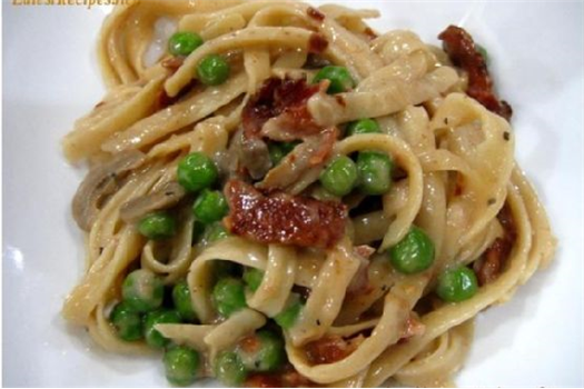 Fettuccine With Bacon Mushroom and Peas