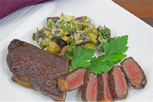 Home Made Dry-Aged Sirloin Steak with Cheesy Roast Fingerling Potatoes