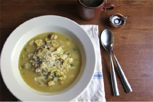 Savoy Cabbage and Celery Root Soup with Leek Confit