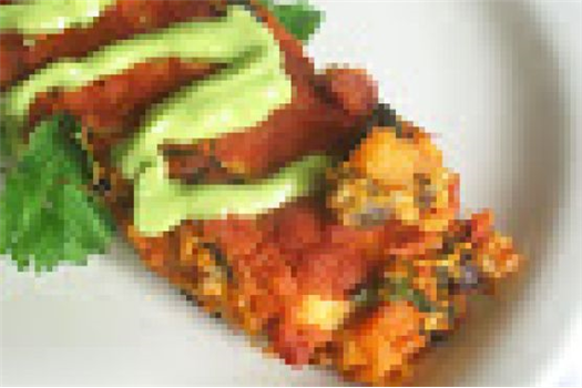 Black Bean and Sweet Potato Enchiladas with Avocado Cream Sauce