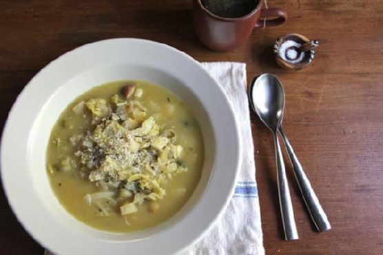 Savoy Cabbage and Celery Root Soup with Leek Confit