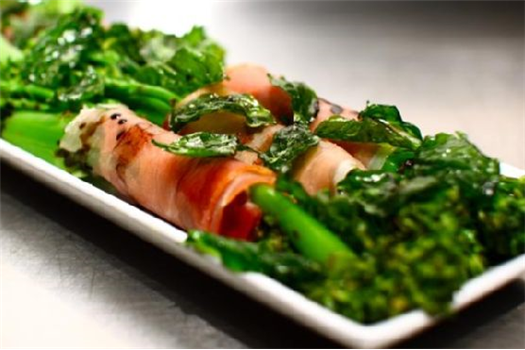 Prosciutto Wrapped Broccolini With Basil Crisps