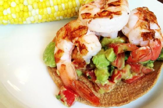 Avocado & Tomato Salad Topped with Grilled Shrimp